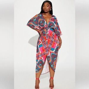 NWT Fashion Nova Women's Jamaican Breeze Kaftan Midi Dress in Rust/Combo Sz. 3X